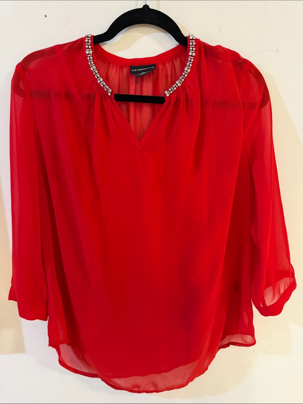 Liz Claiborne Red Jeweled Neck Chiffon Blouse